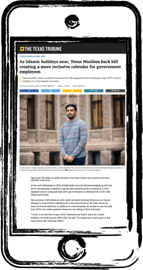 Screenshot of Texas Tribune article on inclusive calendar bill
