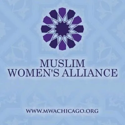 Blue image with a geometric star pattern at the top, the words Muslim Womens Alliance in the center, and the website www.mwachicago.org at the bottom.