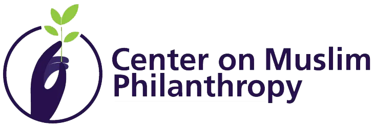 Logo for the Center on Muslim Philanthropy featuring a dark hand inside a circle holding a green plant, with the organizations name in bold purple text to the right.