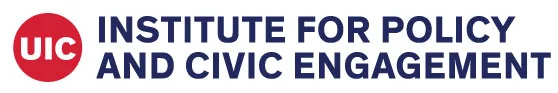 Logo for the UIC Institute for Policy and Civic Engagement, featuring a red circle with white UIC letters and blue text to the right stating the organization’s name.