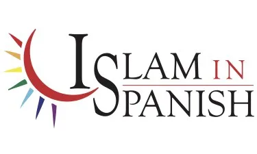 Logo for “Islam in Spanish.” The design features a red crescent with multicolored rays on the left and the words “Islam in Spanish” in black and red text on the right.