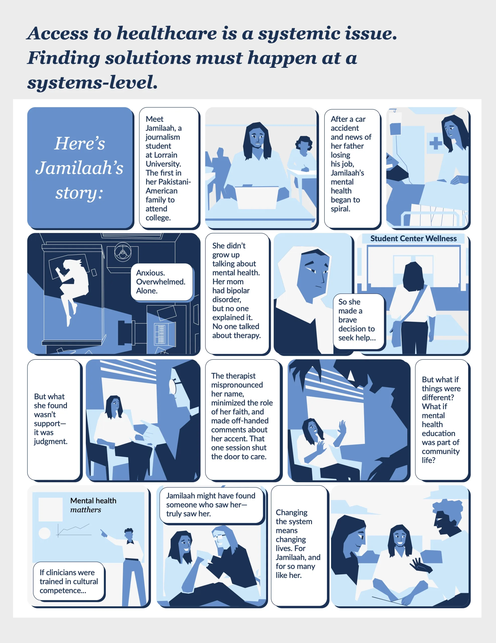 An illustrated comic details Jamilaahs mental health journey as a student, showing her struggles, therapy sessions, and challenges in seeking help, emphasizing the need for systemic healthcare solutions.