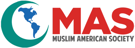 Logo of the Muslim American Society featuring a green crescent encircling a blue map of the Americas, next to bold red letters MAS and smaller black text Muslim American Society.