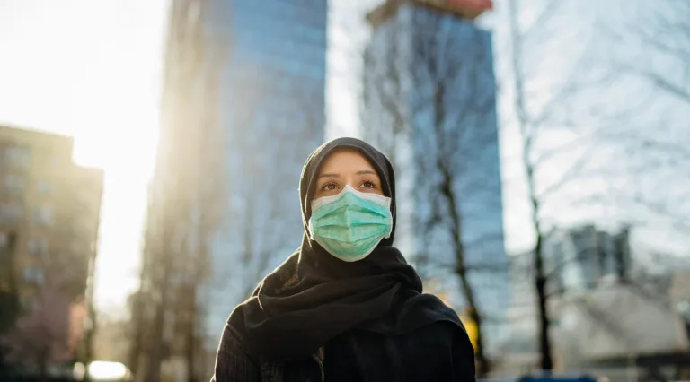 Muslim,Woman,With,Hijab,Wearing,Protective,Surgical,Mask.coronavirus,Covid-19,Pandemic