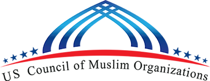 Logo for the US Council of Muslim Organizations, featuring a blue and red arch design with seven blue stars and the organizations name written below in black text.