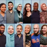A collage of twelve diverse people smiling, arranged in three rows against a light blue background. Some wear hijabs, glasses, or casual clothing, representing a mix of ages, genders, and backgrounds.