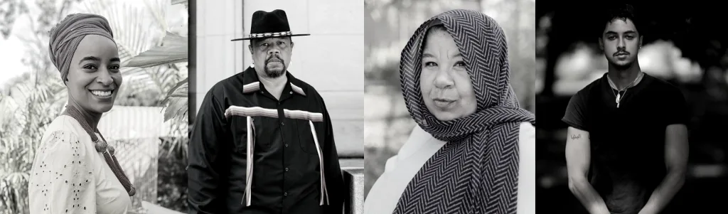 Four portraits of individuals: a smiling woman in a headwrap, a man in a hat and traditional attire, a woman in a patterned hood, and a man with tattoos, all against different outdoor backgrounds.