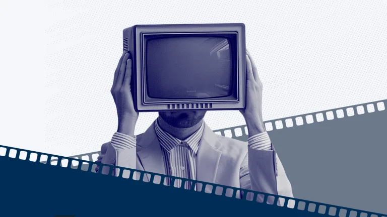 A person in a suit holds an old-fashioned television set over their head, obscuring their face. The image has a blue tint and a filmstrip graphic runs diagonally across the bottom.