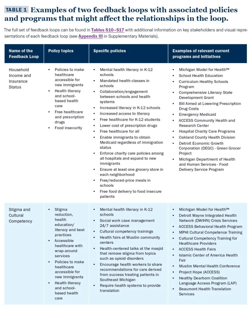 A table summarizes two feedback loops—Household Income and Insurance Status, and Stigma and Insurance Status—with related policy topics, sectors affected, and examples of relevant health programs.