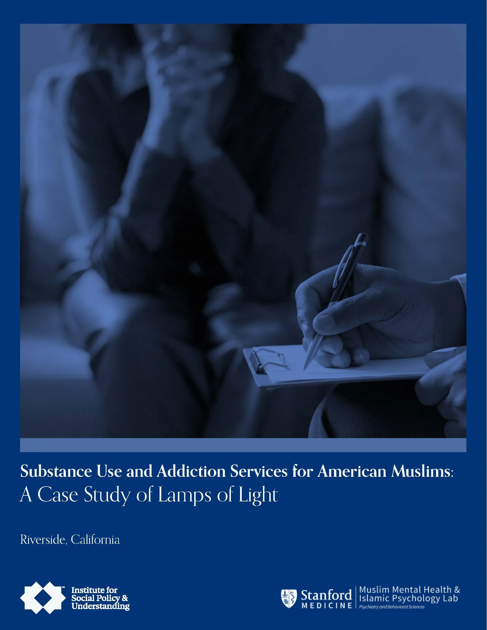 A person holds a clipboard and pen, taking notes, while another person sits nearby with hands clasped. Text below reads “Substance Use and Addiction Services for American Muslims: A Case Study of Lamps of Light.”.