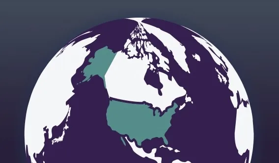 A stylized, partial globe with the United States and Canada highlighted in green against a dark purple and white map background. The view focuses on North America and the Arctic region.