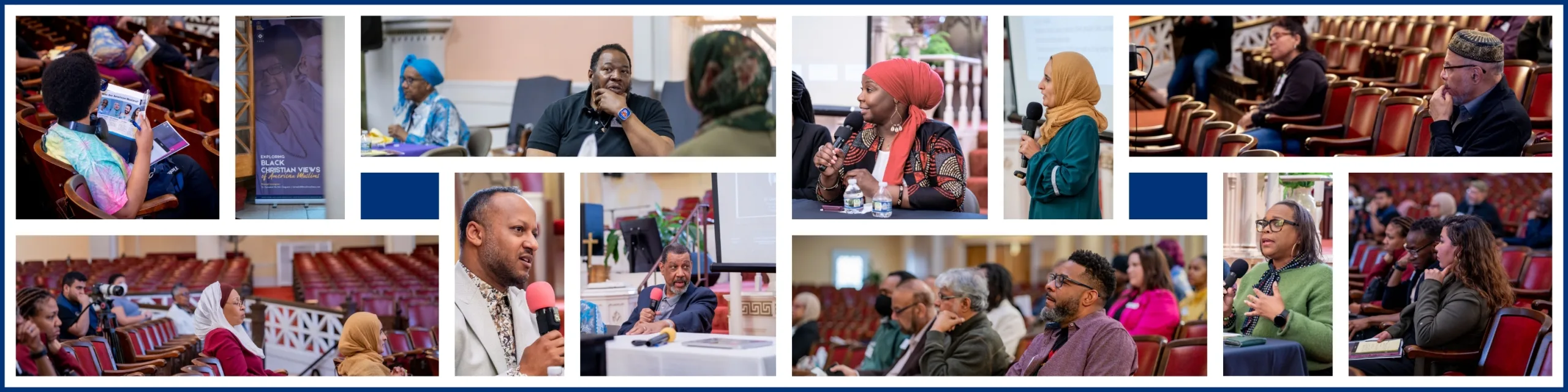 Collage of people speaking, listening, and taking notes during an event in an auditorium, with text reading Organize a Day of Learning over a blue background.